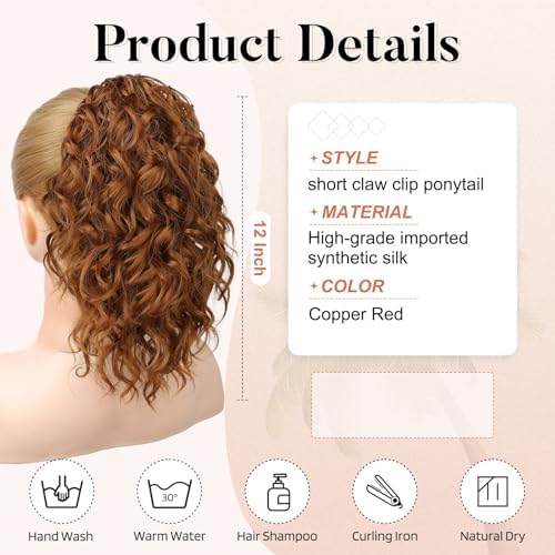 Flufymooz Ponytail Extension, 12" Short Claw Ponytail Extension Wavy Curly Jaw Clip in Pony tails Hair Extension Natural Synthetic Hairpiece for Women (Copper Red) - Image 3