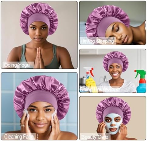 4PCS Silk Satin Bonnets for Black Women & Men - Elastic Wide Band Hair Wrap Cap for Curly Hair - Shower Cap for Sleeping (Black, Blue, Purple, Green) - Image 5