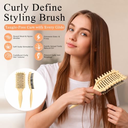 Curl Defining Brush for Curly Hair, Vented Detangling Hair Brush for Wet and Dry Styling, Curved Brush for Shaping and Smoothing Curl Clumps, Lightweight Hair Brush （Yellow） - Image 3