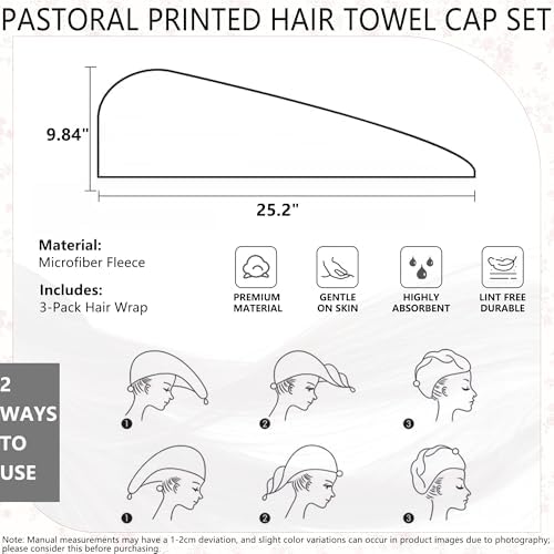 3 PCS Hair Towel Wrap Cute Pastel Floral Print Microfiber Fleece Hair Drying Towel Cap Soft Quick Dry for Women Bath Spa (Flower) - Image 7