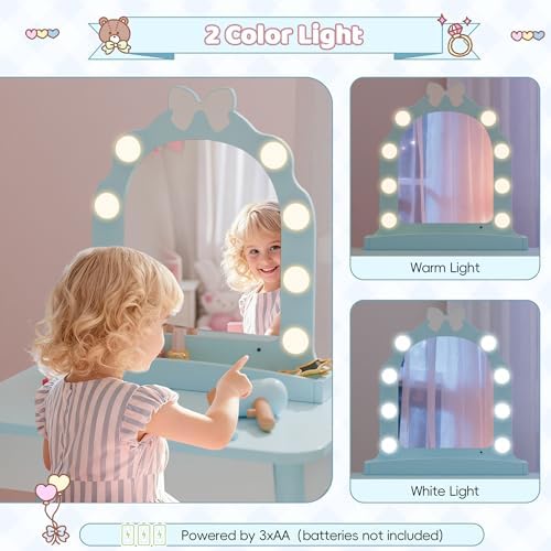 Toddler Vanity for 3 Year Old with 7 pcs Pretend Makeup Accessories, Blue - Image 5