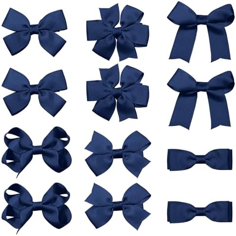 Navy Blue Hair Bow Alligator Clips for Toddler Teen Girls 3" 12 Pack Aesthetic Handmade Grosgrain Ribbon Ponytail Hair Barrettes Kids Birthday Wedding Dress School Uniform Decor Accessory by KCHIES-AccessoryCollection