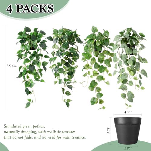 Fake Hanging Plants with Pots, 4PC Artificial Pothos Plant for Indoor Outdoor, Faux Ivy Vines Greenery, 33" Realistic Silk Plants for Wall Home Living Room Office Decor, Green - Image 2