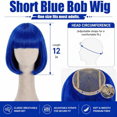 Short Royal Blue Bob Wig with Bangs for Women - Image 5