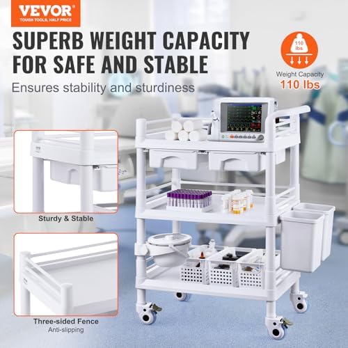 VEVOR Medical Mobile Trolley Cart with 2 Drawers & 3 Trash Cans, 3 Tiers Beauty Salon Rolling Trolley with 4 Silent Wheels & 2 Dirts Bucket & Bowl, Medical Utility Cart for Hospital Dental Clinic Lab - Image 2