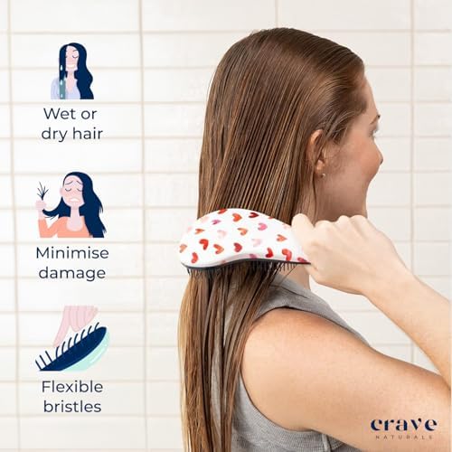 Crave Naturals Glide Thru Hair Brush - Detangler Brush for Curly, Straight, Wet or Dry Hair - Gentle Detangling Brusheses for Adults, Kids, Toddlers - Hair Accessories for Women, 7.5"x3" - Pink Hearts - Image 5
