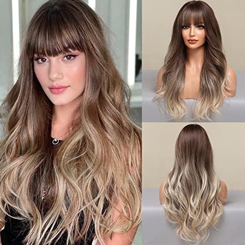 HAIRCUBE Ash Blonde Wig with Bangs Long Ombre Brown to Blonde Curly Wigs for Women Natural Synthetic Wig for Daily Use (pelucas de cabello natural) by HAIRCUBE