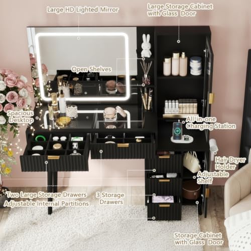 Black Vanity Desk with Mirror and Lights, 49" Fluted Wood Makeup Vanity Table with Modern Glass Top, Charging Station, 5 Drawers, 2 Cabinet with Adjustable Shelves, Salon Station,Wood - Image 5