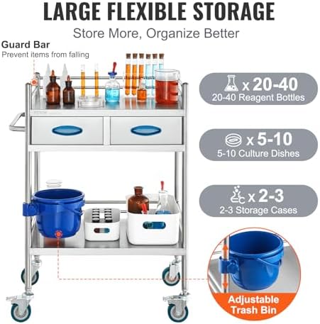 VEVOR Lab Serving Cart Utility Cart Stainless Steel Medical Cart with Two Drawers for lab Equipment Use Grade I Stainless Steel Utility Services (2 Shelves/ 2 Drawer) - Image 5
