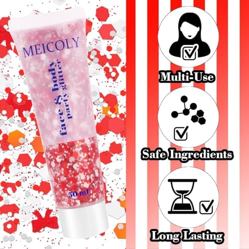 MEICOLY Red and White Face Hair Glitter Gel,Body Glitter for School Spirit Accessories, Game Day,Pep Rally, Sports Fans, Book Character Costumes, Reading Week,Halloween Festival Party Makeup - Image 4
