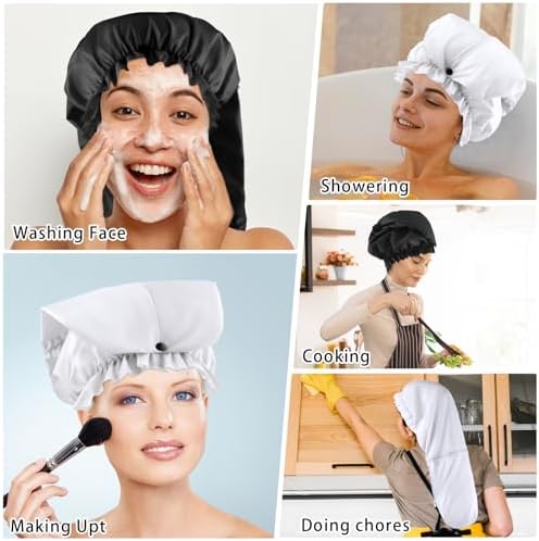 2 Pcs Large Shower Cap for Braids, Extra Long Shower Cap for Women Long Hair & Locs, Waterproof Hair Bonnets for Dreadlocks Drawstring Bath Caps for Women & Men (Black, White) - Image 5