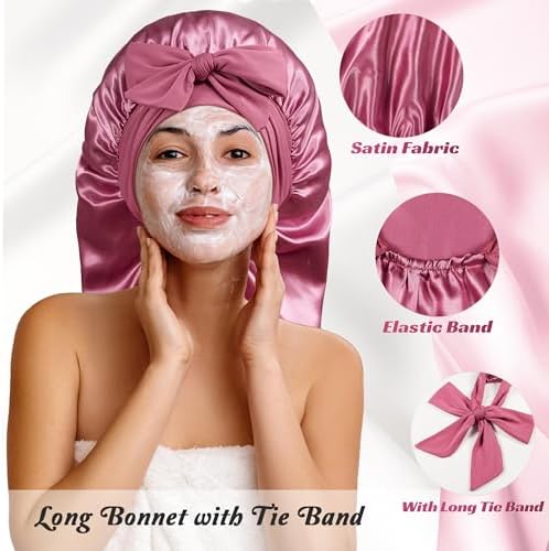 vidsel Long Bonnet with Tie, Satin Silk Sleep Bonnets for Women +Scrunchie - Image 2