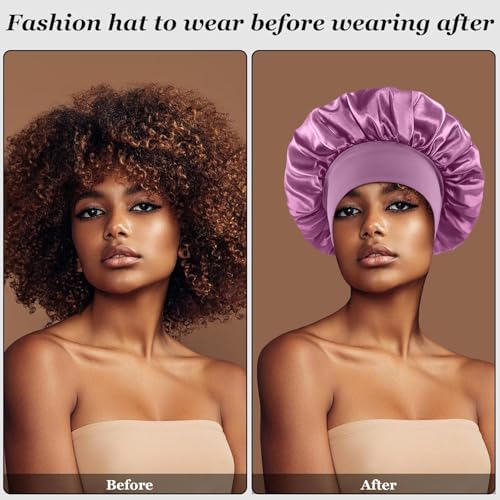 4PCS Silk Satin Bonnets for Black Women & Men - Elastic Wide Band Hair Wrap Cap for Curly Hair - Shower Cap for Sleeping (Black, Blue, Purple, Green) - Image 3
