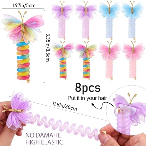 8 Pcs Butterfly Telephone Wire Hair Bands for Kids Girls Colorful Butterfly Spiral Hair Ties Phone Cord for Kids Butterfly Braided Ponytail Hair Bands DH- (Mesh) - Image 4