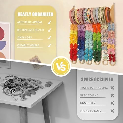 Headband Holder Hair Bows Organizer for Girls Large Capacity Wall Hanging Storage with 40 Metal Hooks 16.5 Inches x 6 Rows of Clip Spaces Hair Accessories Organizer for Baby (M) - Image 5