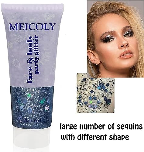 MEICOLY Black Face Glitter, Holographic Mermaid Hair Glitter for Game Day Spirit Day Halloween Cosplay SFX Makeup, Self-Adhesive Chunky Body Glitter Gel for Women and Kids, Professional Body Paint - Image 3