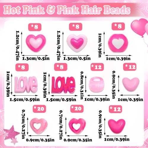 NAISKA 116PCS Pink Beads for Hair 10 Styles Box Braids Beads Hot Pink Pony Bead Lovely Heart Loc Jewelry Cute Braids Accessories for Kids Girls - Image 4