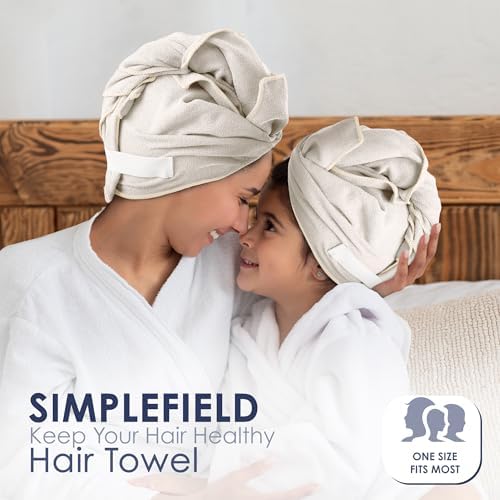 SimpleField Large Microfiber Hair Towel Wrap (27x40 Inches) for Women, Anti-Frizz Flat Rectangle Drying Towel with Full Hair Coverage Design, Elastic Band for Long, Curly and Thick Hair (Beige) - Image 5
