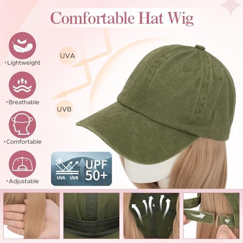 SEGO Unisex Vintage Baseball Cap with Hair Extensions for Women Synthetic Hair Attached Short Straight Hairpiece Olive Green Baseball Cap Wig Adjustable Hat Wigs for Women 6 Inch 18A Light Blonde - Image 2