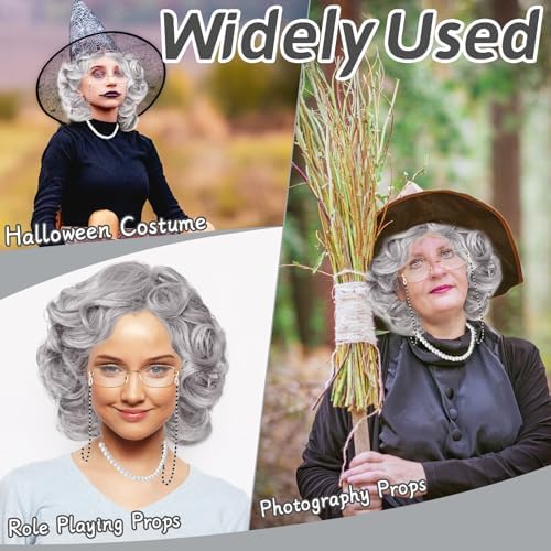 Rrshnsgv 5 Pcs Old Lady Wig and Accessories,Grey Grandma Wigs,Old Lady Wig Costume Set for Halloween Party,Old Woman Cosplay - Image 5