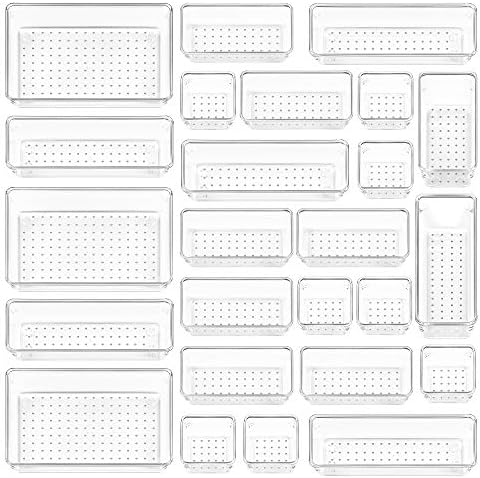 Vtopmart 25 PCS Clear Plastic Drawer Organizers Set, 4-Size Versatile Bathroom and Vanity Drawer Organizer Trays, Storage Bins for Makeup, Bedroom, Kitchen Gadgets Utensils and Office by Vtopmart