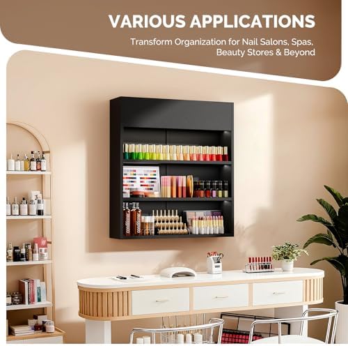 OmySalon Wall Mounted Display Rack, 32-Inch 3-Tier LED Nail Polish Organizer Shelf with USB Touch Control, for Nail Salon, Spa, Beauty Studio Storage, Wooden Retail Display (Black) - Image 5