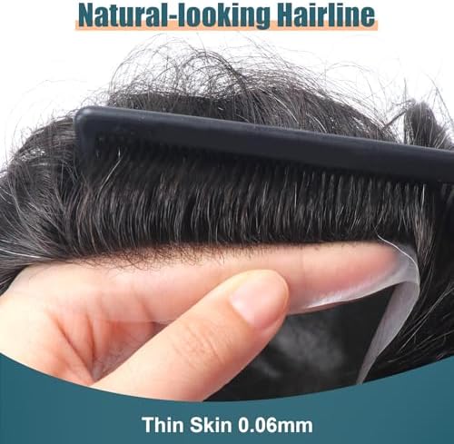 Toupee for Men Human Hair Thin Skin PU Mens Hair System Undetectable Invisable Hairline Mans Hair Prosthesis #1B10 10% Ash Grey Mens HairPiece Natural Hair Patch for Thinning 8x10 - Image 2