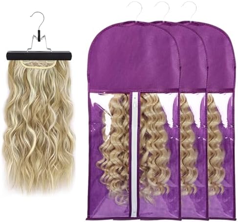3PCS Wig Storage Bags with Hanger - Portable Hair Extension Organizer Dust-proof Stand (Purple) by AIHOPESTO