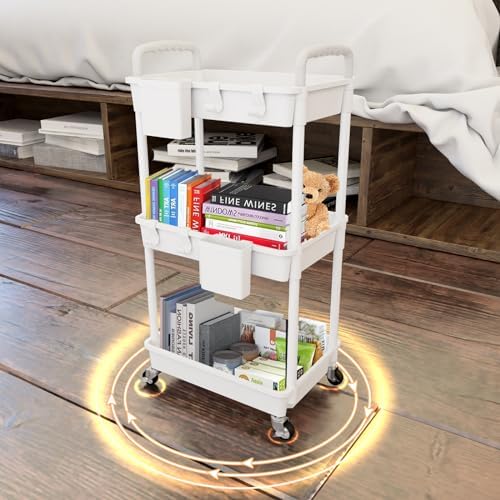 3 Tier Rolling Utility Cart with Handle,REBECAT Utility Cart Made of Multifunctional Storage Organizer Tool for Kitchen,Bathroom,Living Room,Office(White) - Image 3