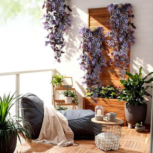 2-Pack Fake Hanging Plants, Faux Hanging Plant Artificial Greenery for Living Room Bedroom Boho Wall Shelf Indoor Outdoor Decor (Purple-Eyed Hairy Leaf) - Image 4