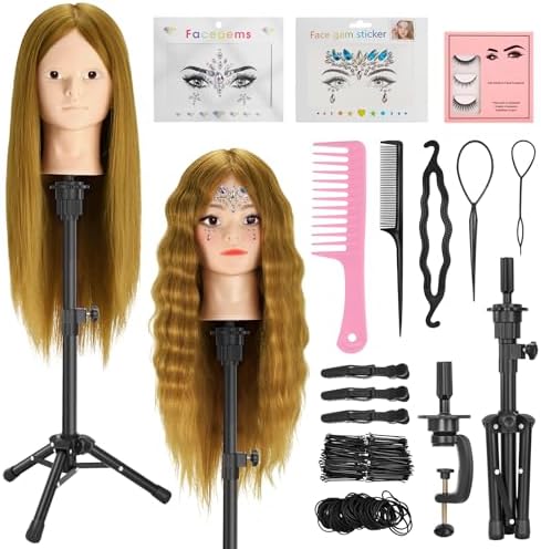 Mannequin Head Human Hair, 90% Human Hair with Tripod Stand, 23" Makeup Mannequin Cosmetology Manikin Practice Doll Head with Stand, Face Gems, Braiding Hairdressing Head for Hair Styling with Table Clamp + DIY Hair Styling Set by Twowin