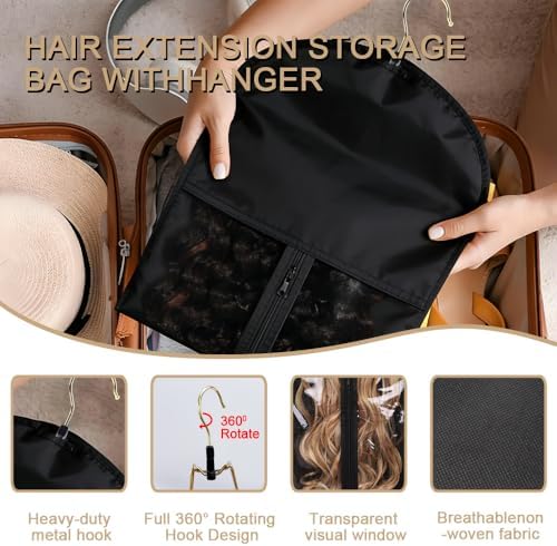 2Pack Hair Extension Storage Bag with Wooden Hanger for Multiple Wigs Hairpieces Portable Wig Bags Hair Storage Rack for for Weft Hair Extensions & Weaves - Image 6