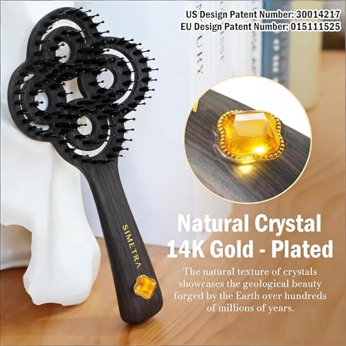 Simetra Detangler Hair Brush for Women and Men, Holiday Present - Original Detangling Brush for Curly Hair/Wet & Dry Hair, Natural Boar Bristles Hairbrush - Natural Crystal Inlay & 14K Gold Plating - Image 2