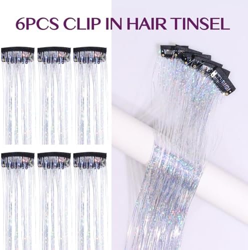 IDN BEAUTY Hair Tinsel Clip In Silver Sparkle Hair Extensions 24 Inch 6pcs - Image 3