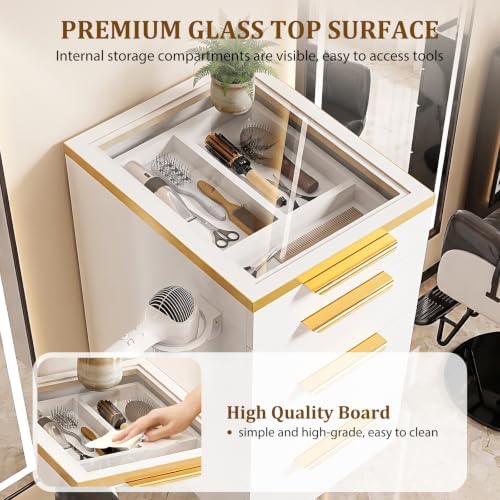 OmySalon Salon Station, Wall Mount Salon Stations for Hair Stylist, Barber Cabinet with Glass Top, Drawers & Dryer Holder, Storage Furniture for Barbershop, Beauty SPA, White - Image 3