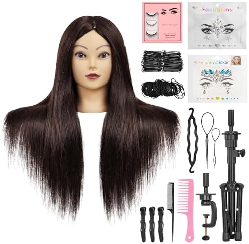 TwoWin 26"-30'' Mannequin Head Human Hair, 90% Human Hair with Tripod Stand, Face Gem Hairdressing Training Doll Head with Tripod & Clamp, Styling Practice Manikin for Cutting, Braiding, Makeup, Cosmetology Students by Twowin