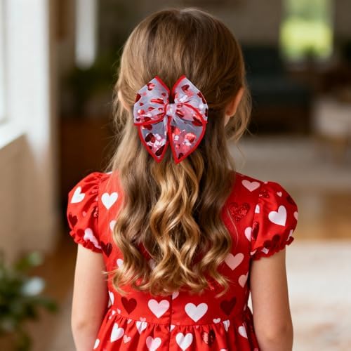Glitter Valentines Shaker Bows Alligator Clips for Girls Women, 2Pcs 4" Red Heart Mesh Tulle Ribbon Fable Bow Hair Barrettes Gift for Kids Birthday Wedding Party Dress Decor Accessory - Image 3
