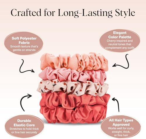Kitsch Ultra-Petite Satin Scrunchies for Women - Cherry Blossom, 5pcs - Image 4