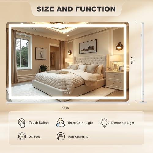 Hasipu Vanity Mirror with Lights, 55.1" x 36" LED Makeup Mirror, Lighted Makeup Mirror with Dimmable 3 Modes, Touch Screen Control Vanity Mirror Round White - Image 2