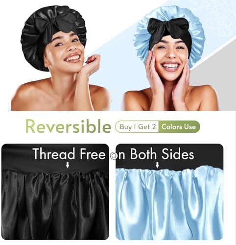 BONNET QUEEN Silk Bonnet for Sleeping Satin Bonnet with Tie Hair Wrap Double Layer Sleep Cap for Women Curly Hair, Black Blue - Image 2