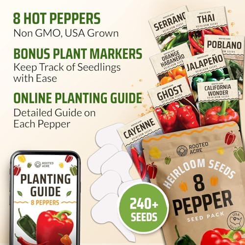 Rooted Acre 8 Varieties Hot Peppers – 240 Heirloom Seeds, High Germination – Includes Ghost Jalapeño, Serrano, California Wonder & More – Spicy Pepper Garden Mix - Image 2