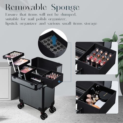 Rolling Makeup Case, Cosmetology Case on Wheels Professional Vanity Case with Trays for Women Large Travel Makeup Box Organizer Trolley with Key, Ashy Grey - Image 3