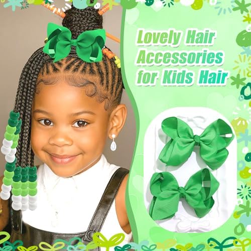 NAISKA 62PCS Green Hair Beads for Braids Kids Girls Hair Bow Clips 3 Colors Loc Beads Cute Bowknot Hair Clips Jewelry Hair Accessories for Girls - Image 5