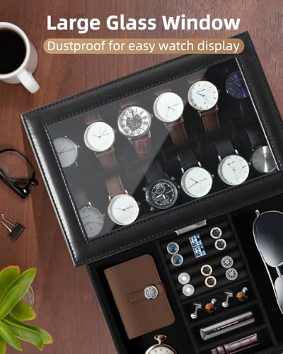 Uten 12-Slot Watch Box, 2-Layers PU Leather Watch Case with Lock - Image 4