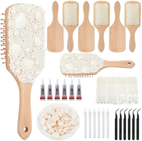 6 Sets DIY Wooden Hairbrush Craft Kit 10" Pearl Shell, Square by Acellegic