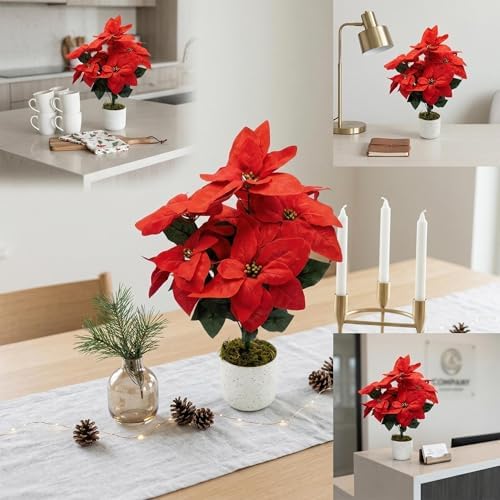 2 Pack Red Christmas Poinsettia Flowers in Pots, 18.9" Artificial Poinsettia Plants with Realistic Layered Petals, Speckled Pot and Moss Base for Holiday Indoor Decor, Table Centerpiece, Porch - Image 3