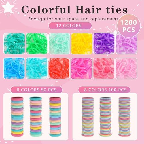 Hair Accessories for Girls, 1350P Colorful Hair Ties with 44P Hair Clips - Image 3