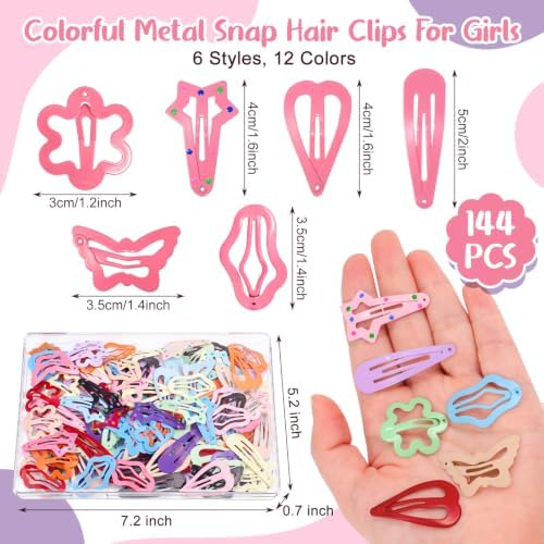 144 Pcs Colorful Snap Hair Clips for Girls, 6 Shapes Metal Cute Barrettes - Image 2