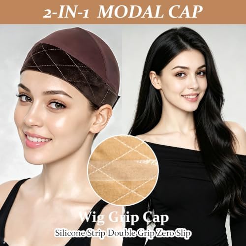Wig Cap for Women Non Slip 2-in-1 Wig Grip Cap with Band Brown, 2 Packs - Image 2