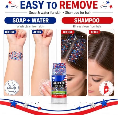 Go Ho Red White and Blue Glitter Stick,Waterproof Star&Heart Face,Body&Hair Glitter,4th of July Accessories,Patriotic USA Flag Sparkle Cheer Glitter Makeup for Soccer Game Independence Day Makeup - Image 5